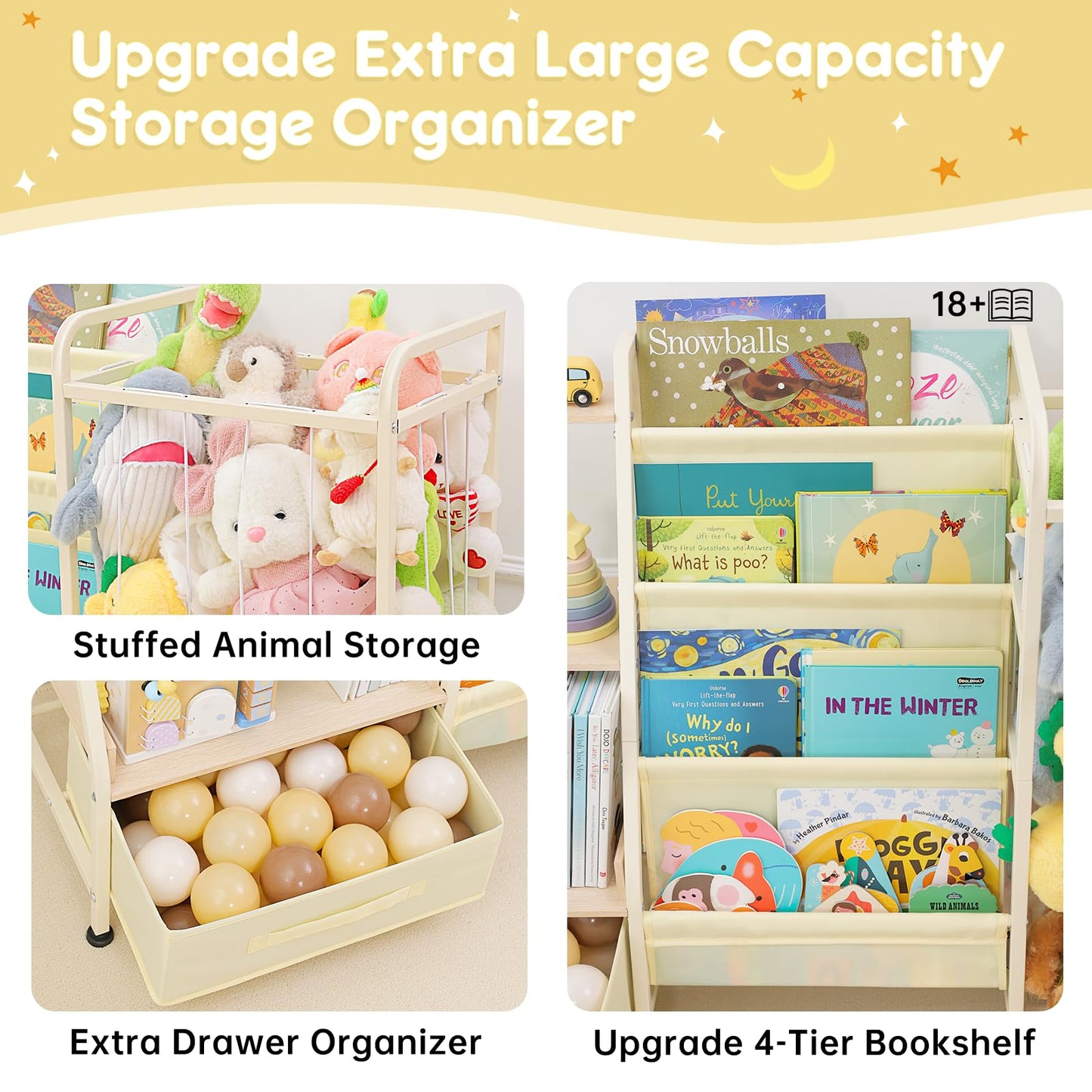 Fabuday Kids Bookshelf and Toy Storage Organizer - 4 Tiers Large Toddler Baby Sling Book Shelves for Kids Room with Stuffed Animal Storage, 3 Tier Montessori Childrens Bookcase for Nursery, Playroom