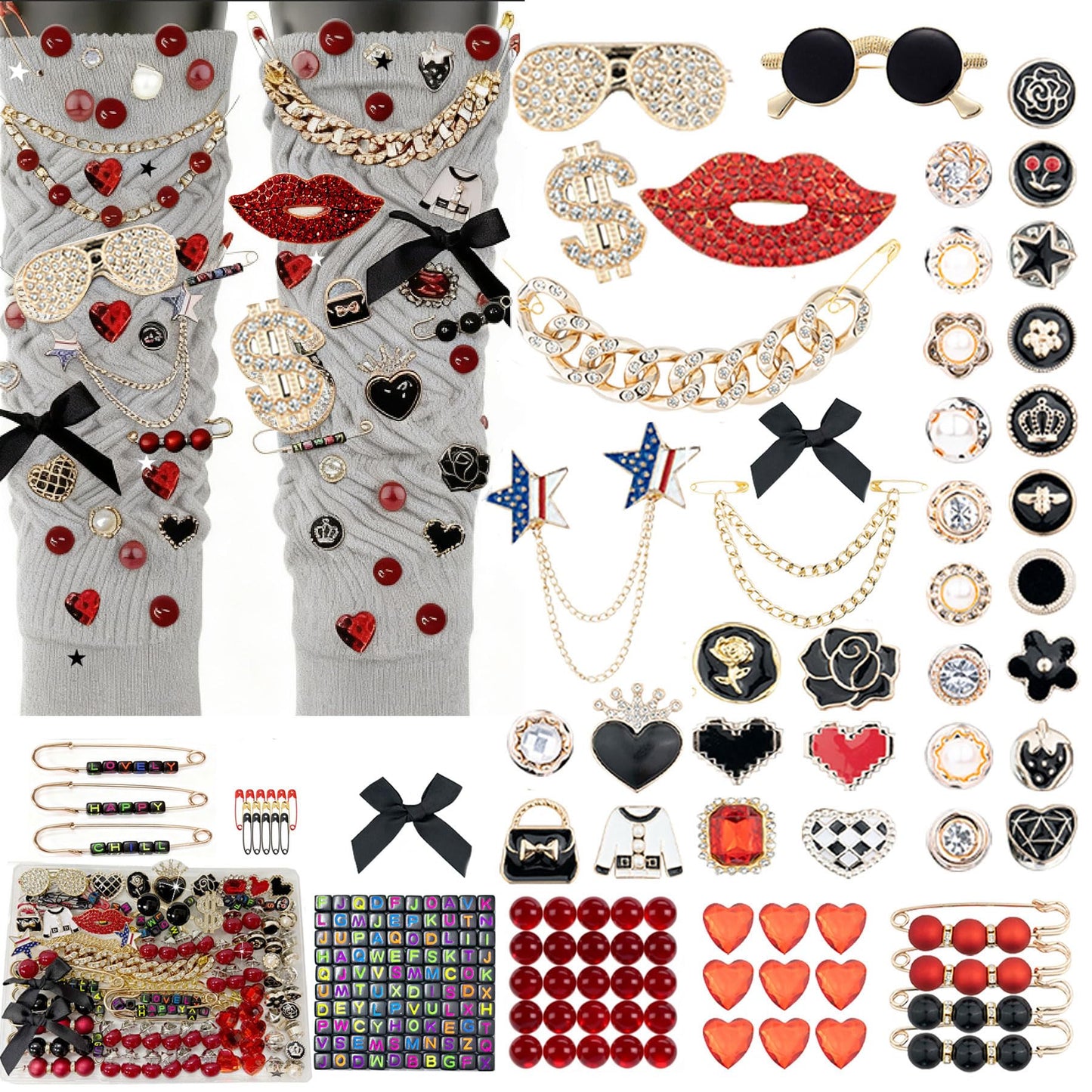 MINGRI Junk Socks Charms Kit Red Black,195 Pcs Shoes Charm for Sneakers,Brooches and Pin for Women with Letter,Safety Hat Pin for Women Gift Rhinestone Junk Charm with Pearl Chain