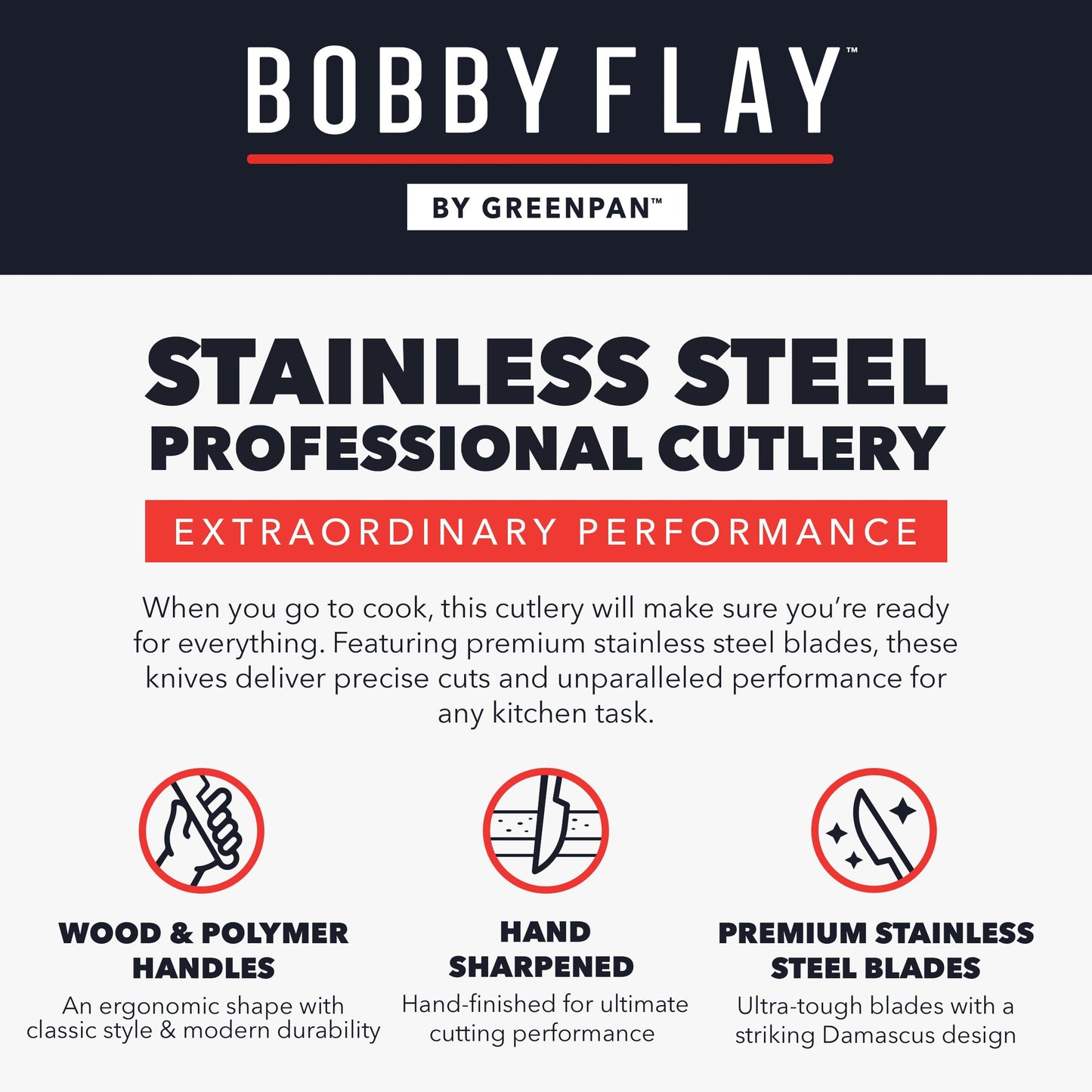 GreenPan x Bobby Flay 13 Piece Stainless Steel Cutlery Kitchen Knife Block Set, Premium Stainless Steel Blades, Acacia Wood Knife Block, Hand Finished Ergonomic Wood Handle, Damascus Steel Design
