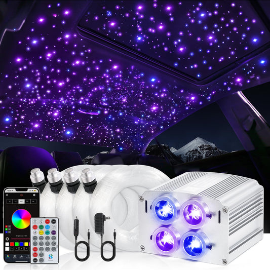 4 Colors 32W Twinkle Car Starlight Headliner Kit 700pcs*0.03in*13.1ft with APP&RF Remote,RGBW Fiber Optic Strands Star Roof Lights,4 Port Engine Sound Activated Ceiling Star Lights for Home/Car Decor