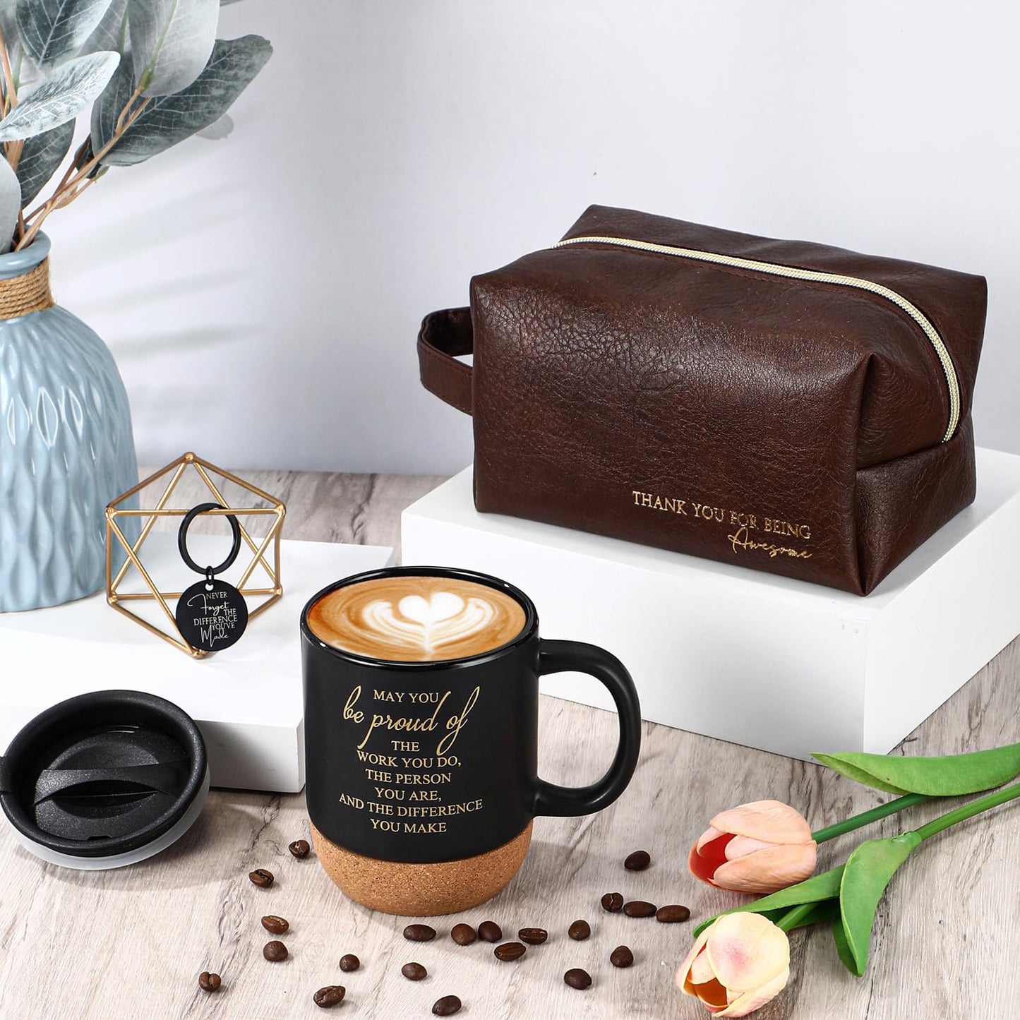 Dandat 3 Pcs Thank You Gift for Men Coworker Appreciation Office Gift Leather Toiletry Bag May You Be Proud 15oz Coffee Cup with Keychain for Boss Manager Teacher Nurse Employee(Brown)