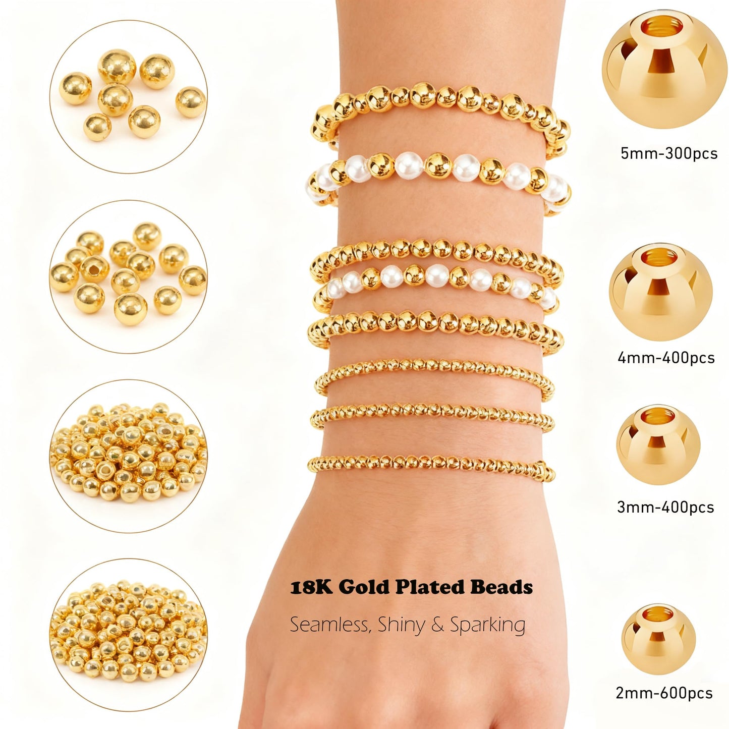 BLOSSIONA 300pcs 5mm 18K Gold Filled Beads Round Gold plated beads for Jewelry Making Brass Smooth Gold Spacer Beads for Jewelry DIY Crafts Long-lasting Seamless Loose Beads for Necklace Bracelet