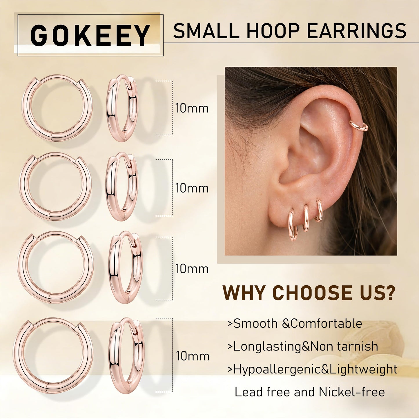 Gokeey Small Gold Huggie Hoop Earrings Set for Women 14K Gold Plated Hypoallergenic Lightweight Earrings for Sensitive Ears Everyday Earrings for Cartilage Piercings Rose Gold 4 Pair