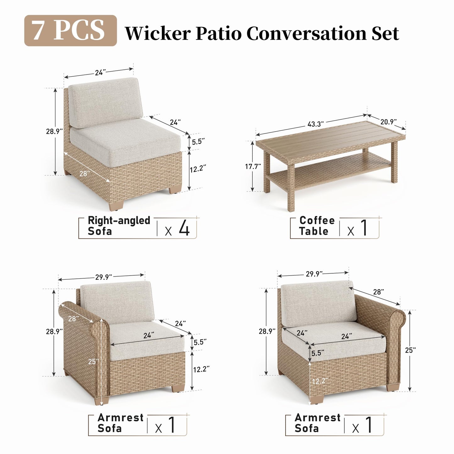 Patio Furniture Set 7 Piece, Wicker Rattan Sectional Sofa Couch with 5.5" Thick Waterproof Cushions and Coffee Table, All weather Modular Outdoor Conversation Set for Lawn Backyard and Deck, Beige