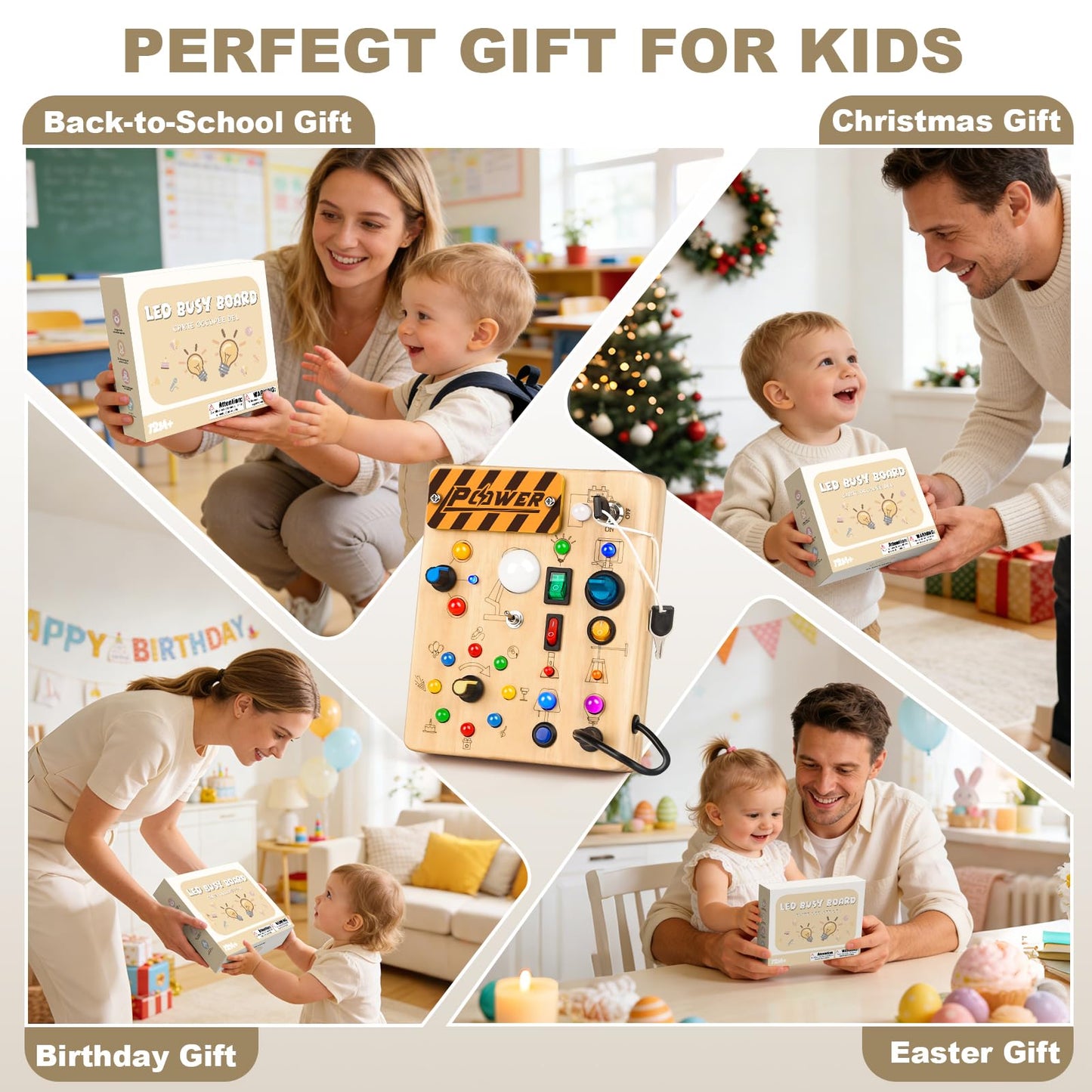LED Busy Board for Toddlers - Montessori Sensory Toy with 10 Switches & 19 Lights, Wooden Activity Board for Fine Motor Skills, Ideal Educational Birthday Travel Toy Gift for 1 2 3 Year Old Boys Girls