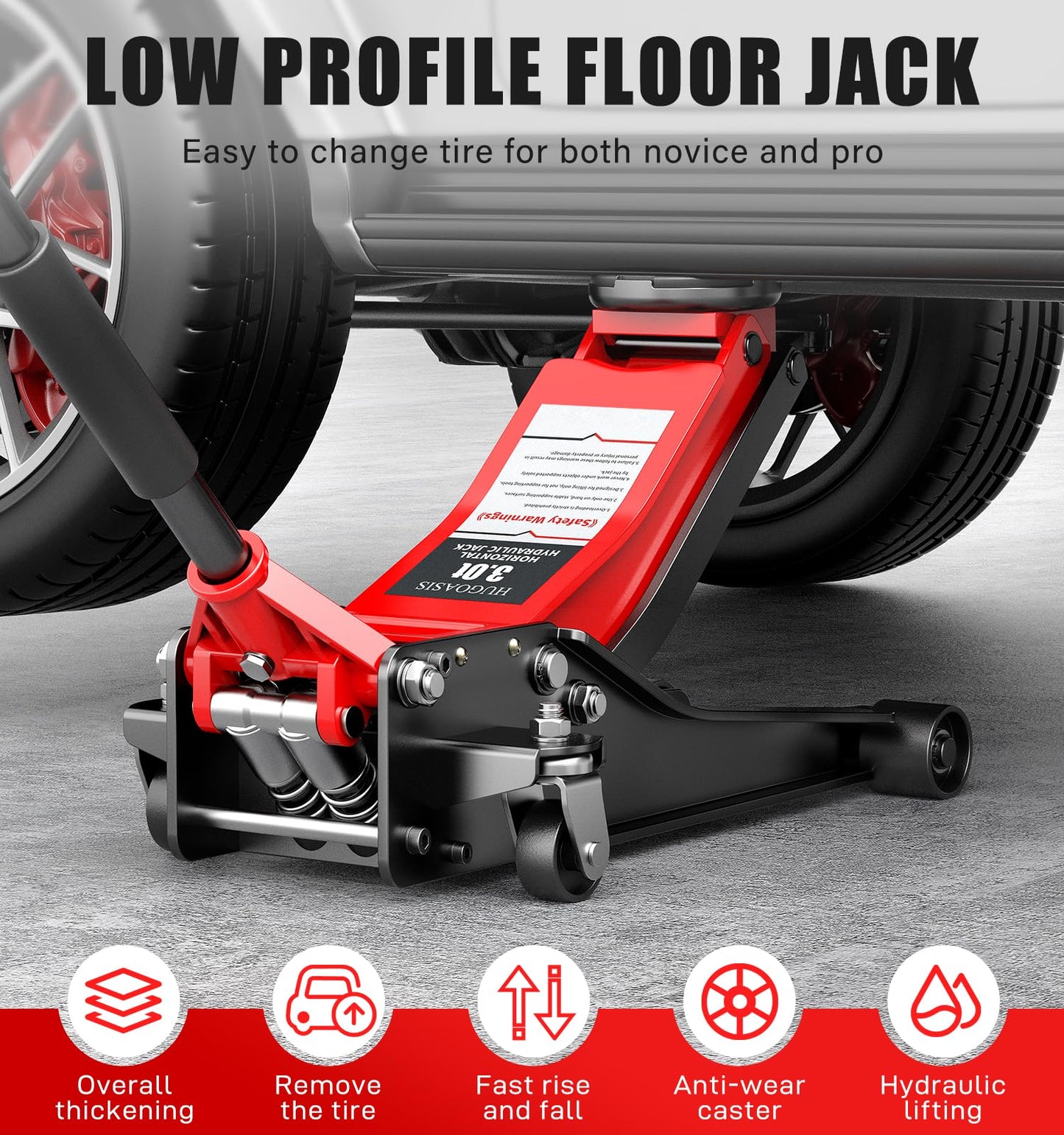 HUGOASIS 3 Ton Dual Pump Low Profile Floor Jack,Lifting Range 2.95" to 19.88", Heavy Duty Steel Hydraulic Car Jack with Fast Lift & 360° Swivel Wheels for Truck,SUV,Garage, Sport Utility Vehicle,Red