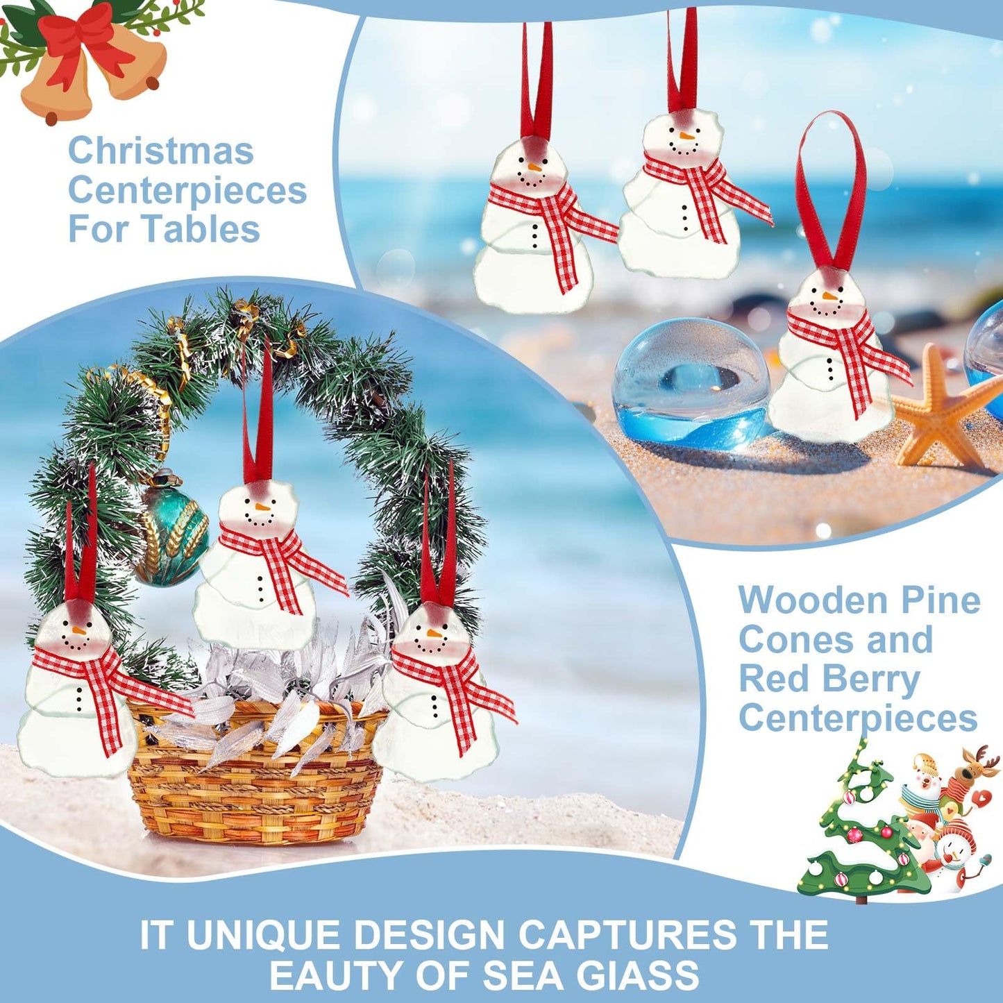 Bucherry 3 Pcs Sea Glass Christmas Snowman Ornaments Sea Crystal Glass Decor Crafts Christmas Tree Hanging Ornament for Beach Ocean Gift Party Table Decoration (White)
