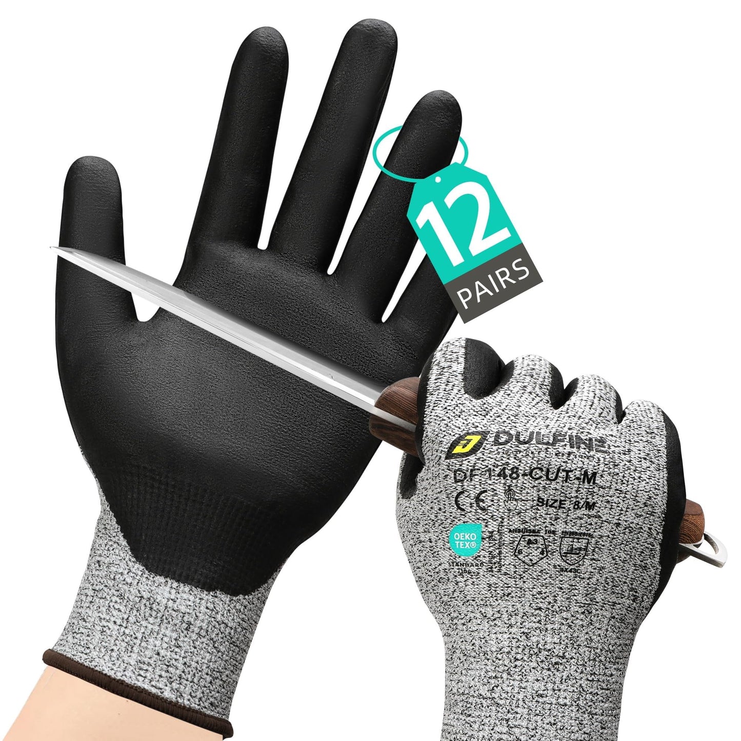 DULFINE A3 Cut Resistant Work Gloves for Men Women,Touchscreen Foam Nitrile Coated,12 Pairs Pack,Ideal for,Glass Cutting(L)