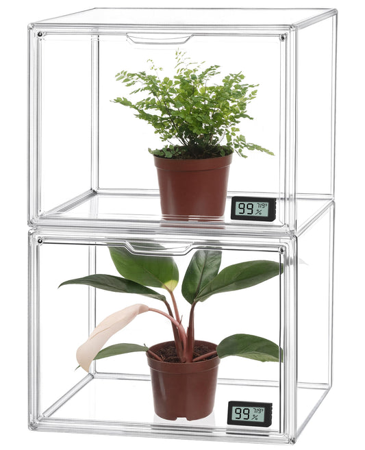 HBlife Mini Greenhouse for Indoor, Clear Stackable Green House with Magnetic Waterproof Door for Small Plants Nursery Germination and Display, Tabletop Portable Greenhouse, 14.1x8.6x10.6 Inch (2 Pack)