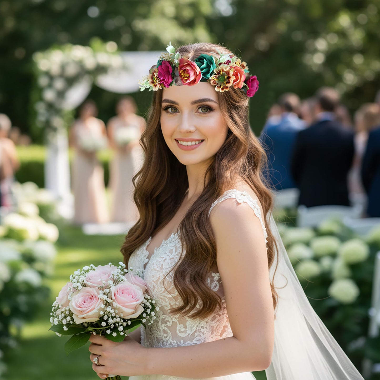 LLinfflr Women Floral Crown Flower Garland Headband Hair Wreath Floral Halo Headpiece Boho with Ribbon Wedding Party Photos