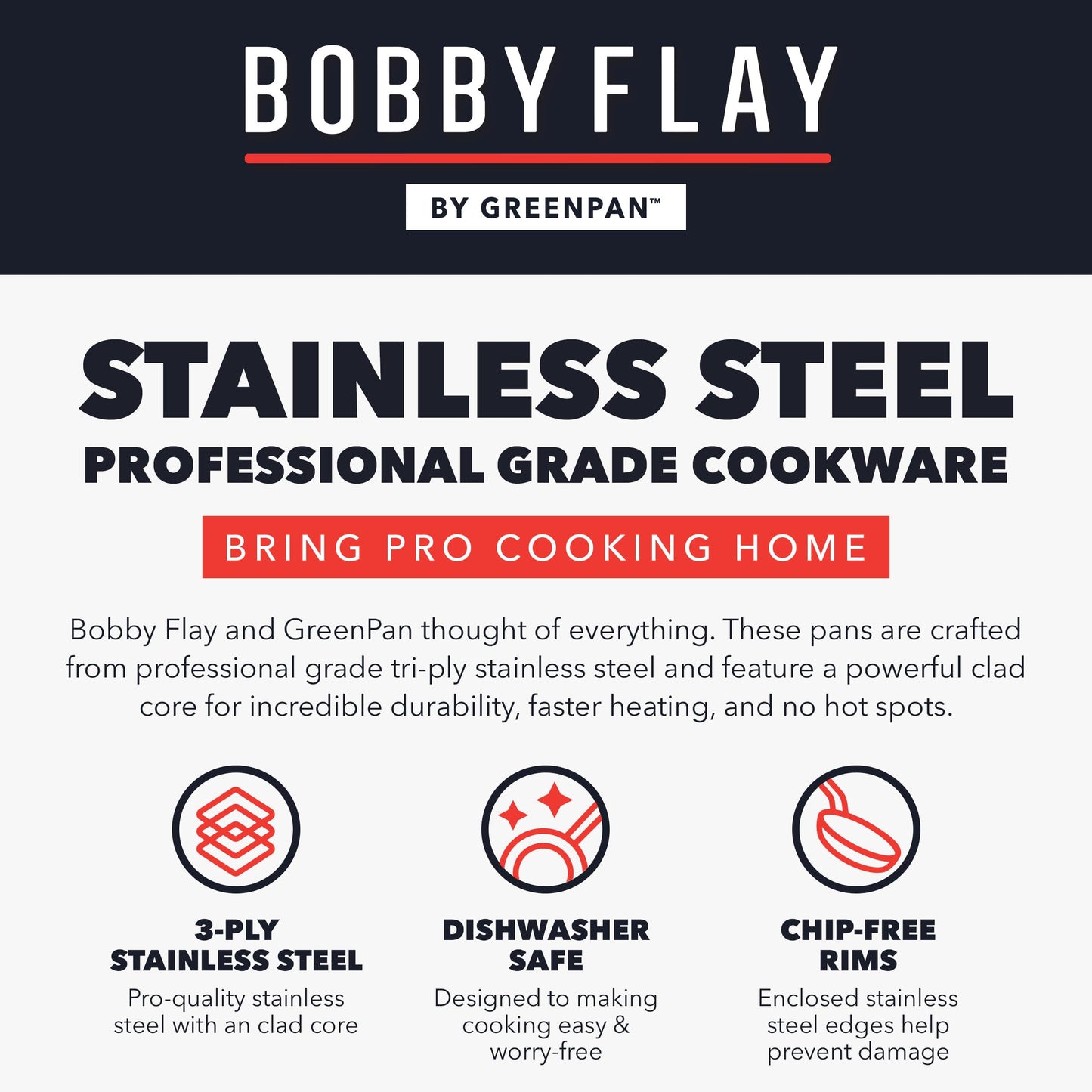 GreenPan x Bobby Flay 10 Piece Stainless Steel Cookware Set, Tri-Ply Multiclad Pots & Pans, Professional Grade, Oven & Broiler Safe to 600°F, Dishwasher Safe, Durable, Induction Compatible, Silver