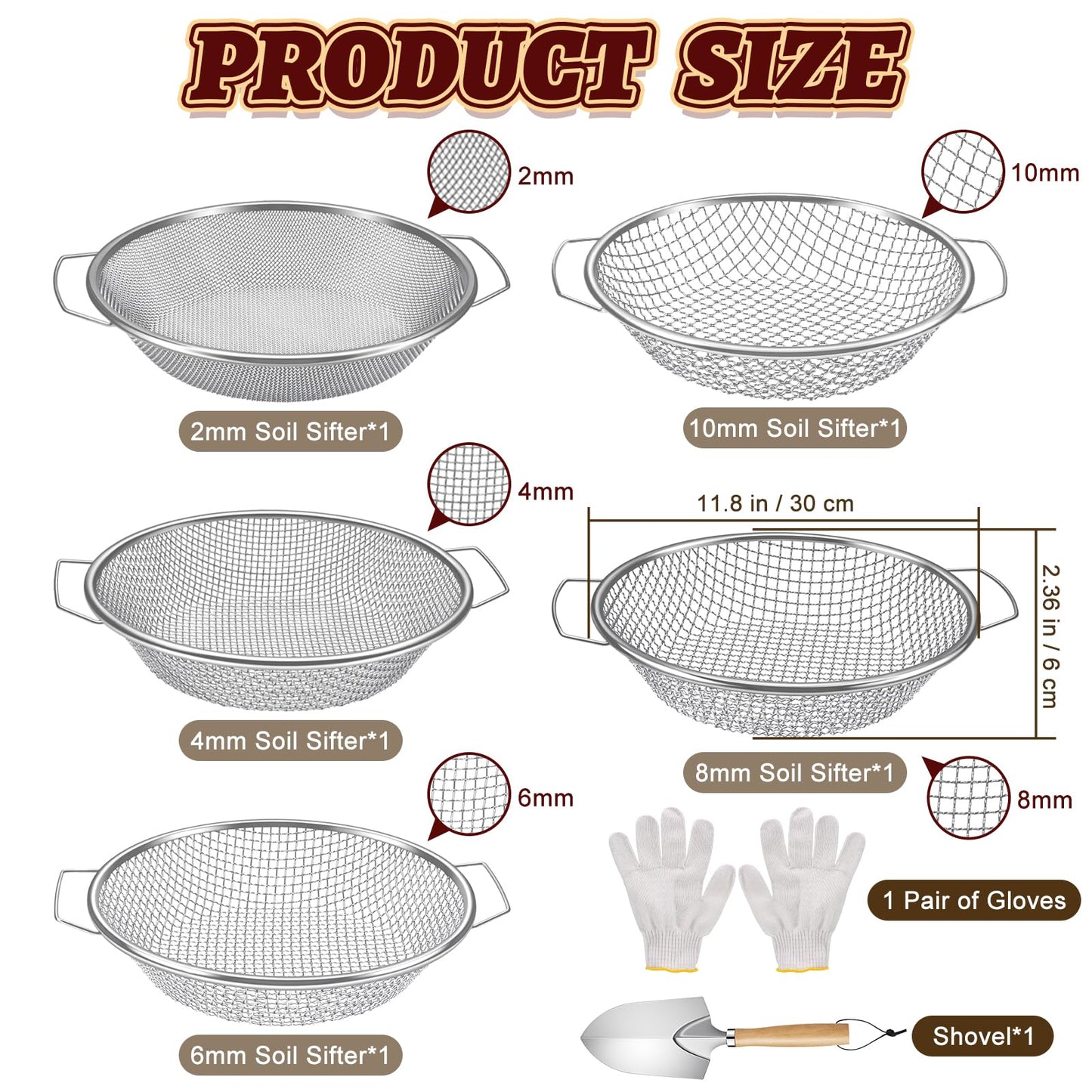 5PCS Soil Sifter, Gardening Soil Sifter with Handle Rock Compost Sifting Screen for 5 Gallon Buckets Garden Metal Sieve Strainer with Shovel 2,4,6,8,10mm Mesh Sizes Remove Stone Fine Gravel Sand Dirt