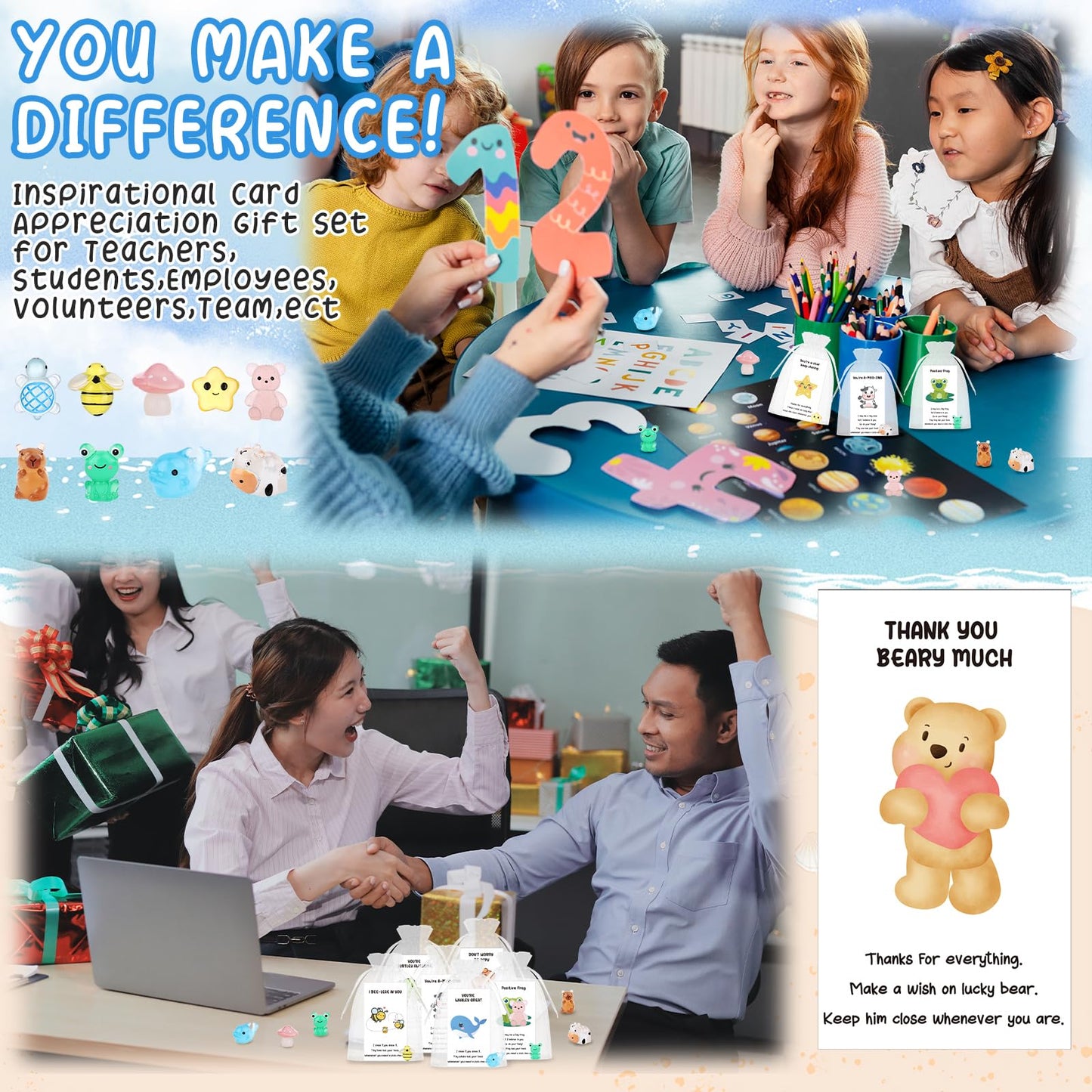 50 Set Employee Appreciation Gifts Bulk for Coworkers Mini Luminous Resin Animals Thank You Staff Gift Inspirational Affirmation Greeting Cards Motivational Gifts for Employees Teacher Nurse Team