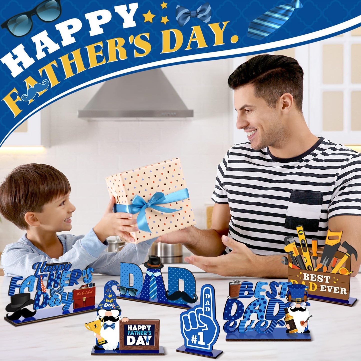 Yuntau 6 Pcs Father's Day Table Centerpiece Happy Father's Day Wood Signs Father's Day Gnome Table Decorations Dad Wood Tiered Tray Decor for Father's Birthday Party Gift Supplies