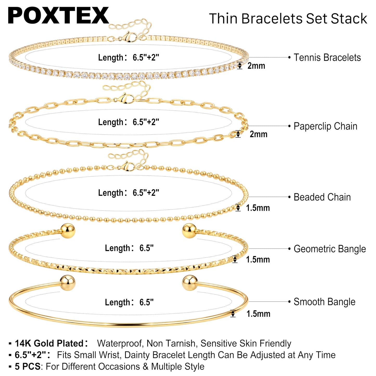 Gold Bracelets for Women 14K Gold Plated 5 Pcs Set - Dainty Stackable Waterproof Stainless Steel Jewelry - Minimalist Paperclip Beaded Tennis Bangle Bracelet Set for Women Gifts