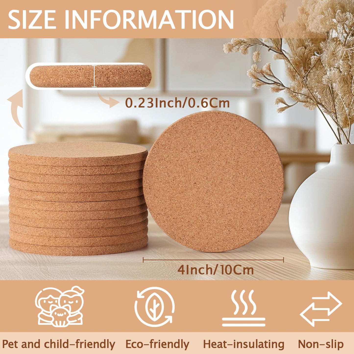 60 PCS Cork Coasters for Laser Engraving, GOH DODD Thicken Absorbent Mats Blank Coasters Bulk Tabletop Protection Plant Saucers for Drinks Wood Burning Arts Crafts DIY Resin Gifts, 4 Inch, Round
