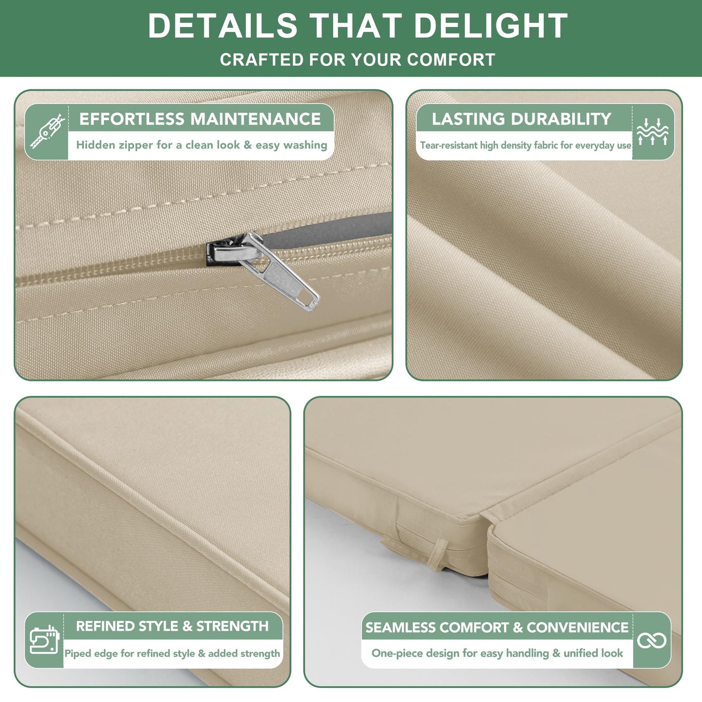 Summsun Outdoor Dining Chair Cushions 4 Pack, Water Resistant High Back Patio Seat Cushion Set with Ties, Removable Covers, Non-Slip Bottom for Garden Lawn Patio Furniture, 44 x 20 Inch, Cream