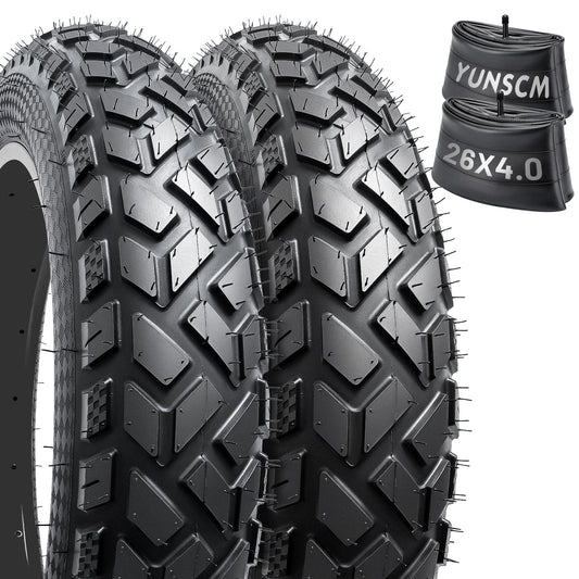 YUNSCM 2-PCS 26" Heavy Duty Fat E-Bike Tires 26 x 4.0/102-559 and 2-PCS 26"x4.0" Bike Tubes Scharder Valve Compatible with 26x4.0 26x4 E-Bike All-Terrain Directional Tread Bicycle Tires and Tubes
