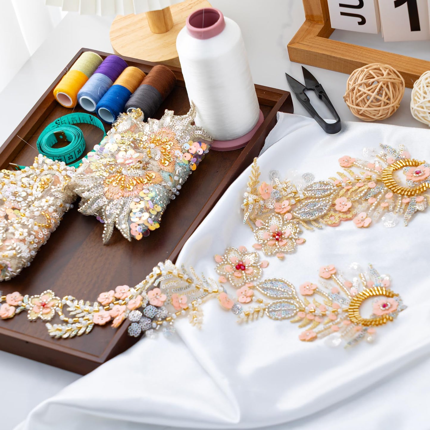 Silvora Pair Embroidery Pearl Sequin Applique,Gold Beaded Flower Applique for Dress Bodice Costume Clothing Craft DIY (Gold-1)