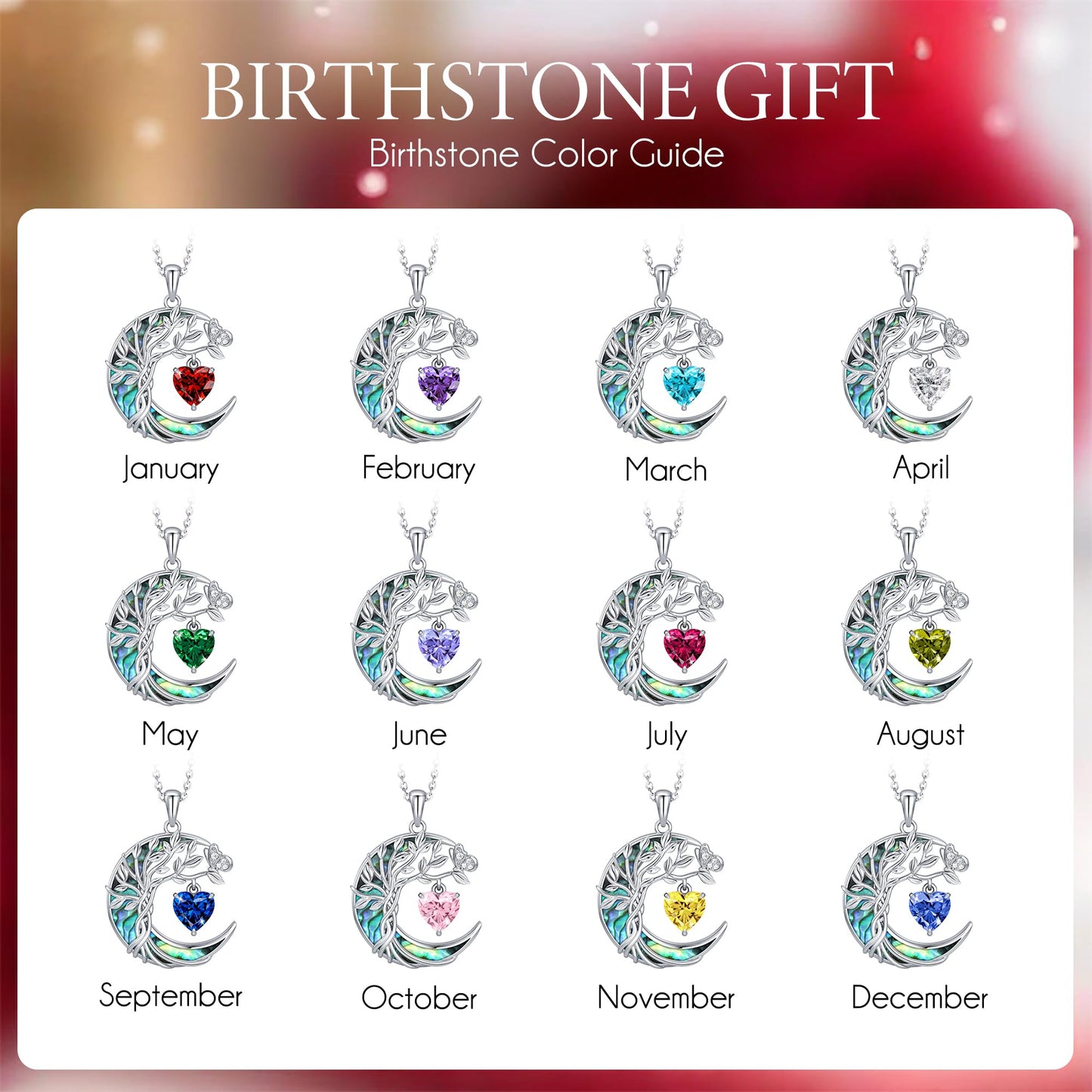 Distance Tree of Life Birthstone Necklace for Women, S925 Sterling Silver Premium Abalone Shell Moon Pendant April Heart Birthstone Necklace, White Jewelry Christmas Birthday Gifts for Her Mom Wife