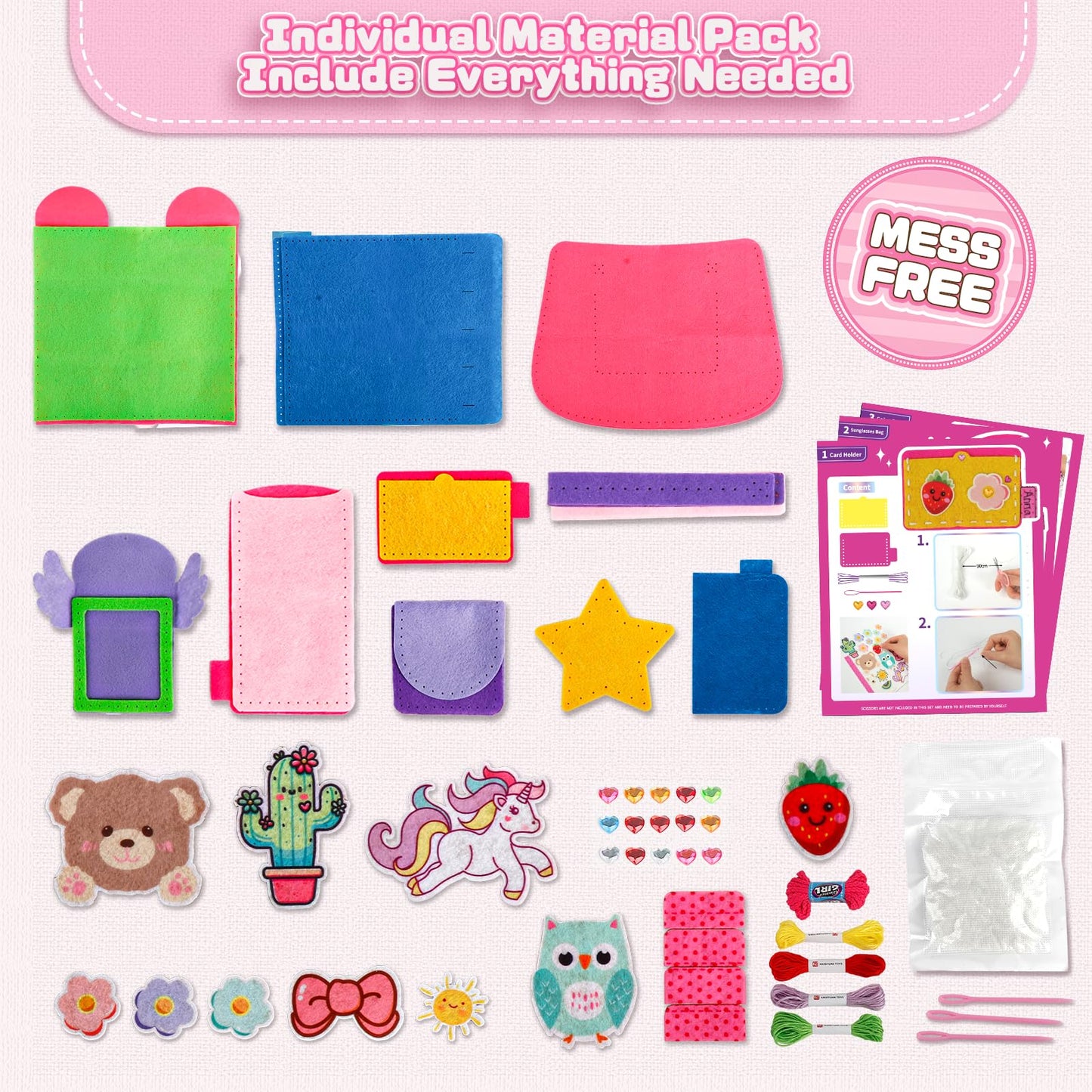 Sewing Kit for Kids Beginner, 10 Easy DIY Projects of Stuffed Animal Dolls & Purse Handbags, Learn to Sew with Felt Embroidery Craft, Arts & Crafts Gift for Girls & Boys Ages 6-12