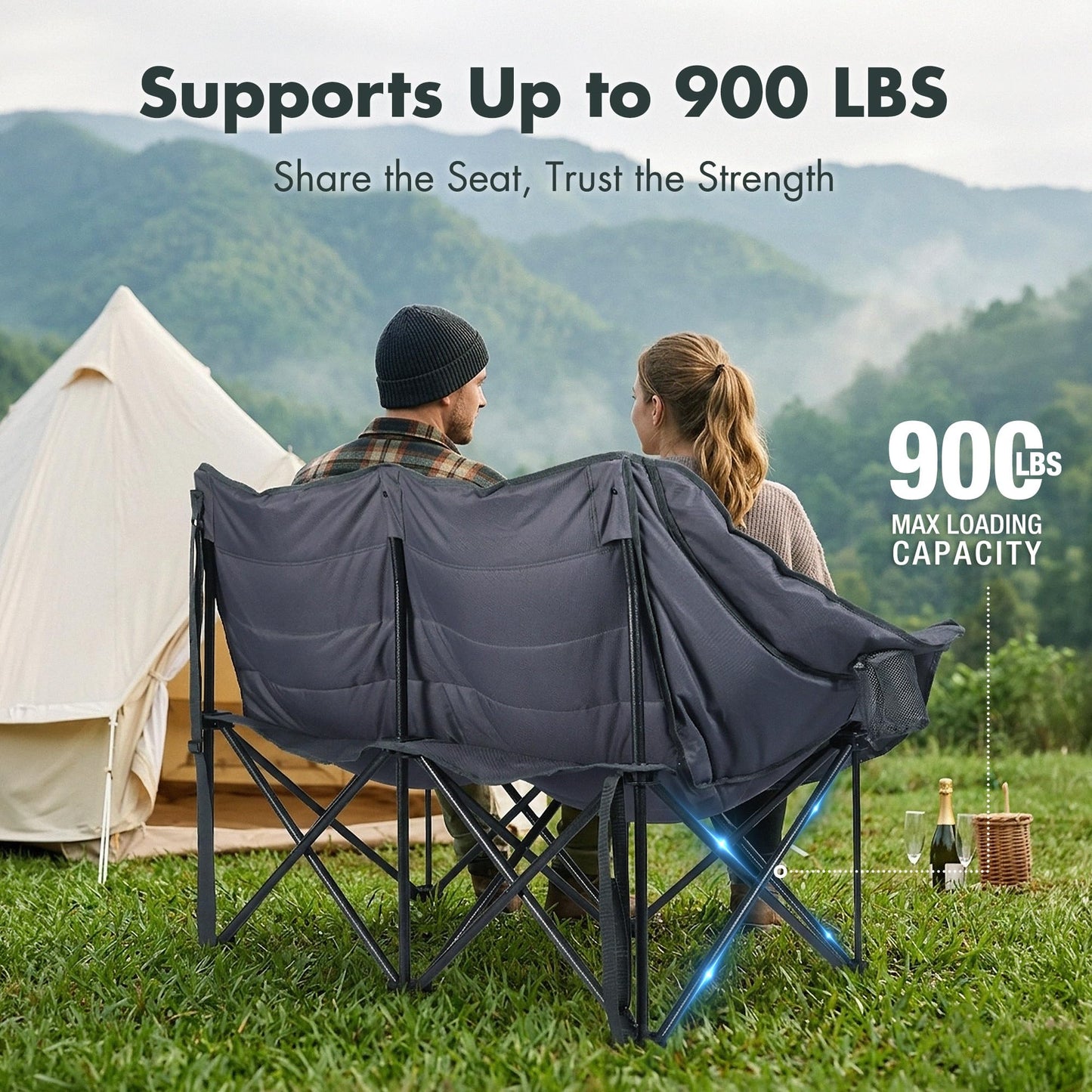VILLEY Oversized Double Camping Chair for Adults, Heavy-Duty Folding Loveseat Camp Chair with Cup Holders, 2 Person Outdoor Chair Supports up to 900 lbs for Camping, Beach, Lawn & Sports