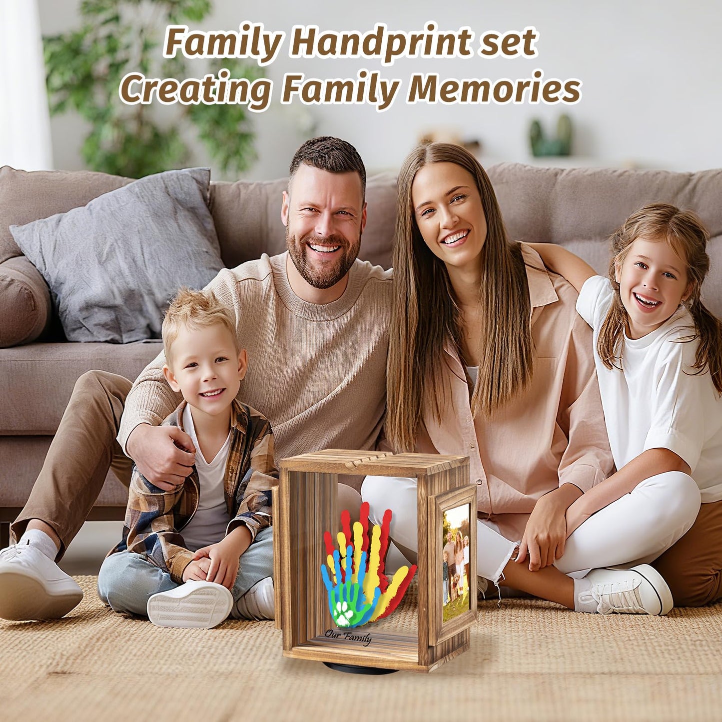 Emfogo 360 Rotating Family Handprint Kit, DIY Craft Keepsake Wooden Frame, Baby Footprint Kit, 5 Paint Colors Included, Non-Toxic Paints&Transparent Sheets, Gifts for Handprint Family Keepsake（Brown