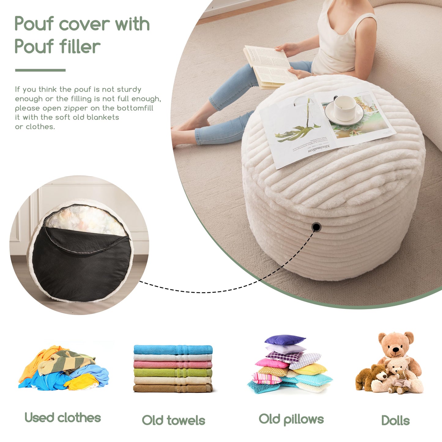 HIGOGOGO Round Stuffed Pouf Ottoman, Stripe Faux Fur Poufs with Foam Chunk Filling, Furry and Fluffy Pouf Foot Stool Storage Ottoman, 20 X 15 Floor Poufs Foot Rest for Living Room, Beige