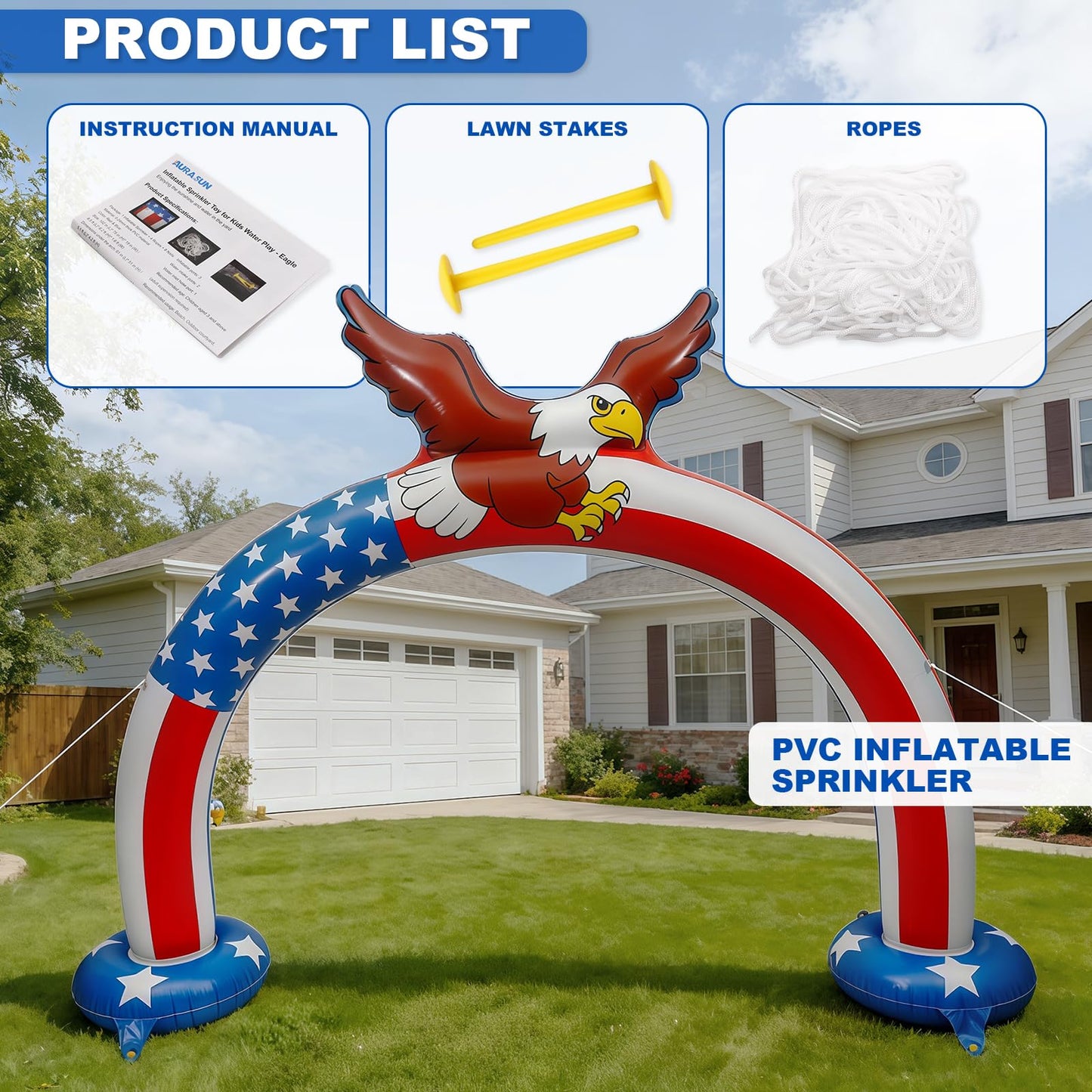 AURASUN Outdoor Sprinkler for Kids Age 3-7 Years Old - Eagle Arch Inflatable Kid Sprinklers for Yard - Water Park Supply Summer Party 4th of July Independence Day Gifts for Toddlers 8 x 6 FT Tall