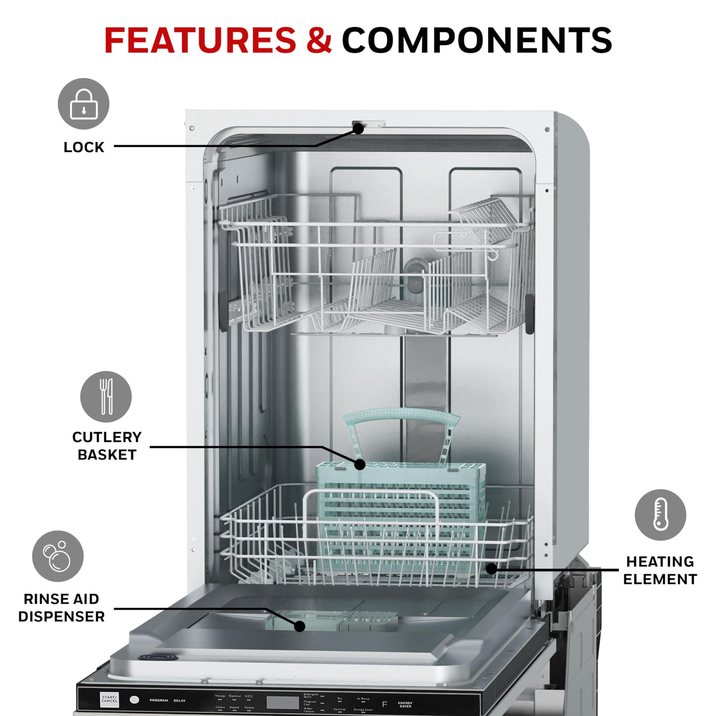 Honeywell 18-Inch Dishwasher with 8 Place Settings, 6 Washing Programs, Stainless Steel Tub, UL & Energy Star Certified, Stainless Finish