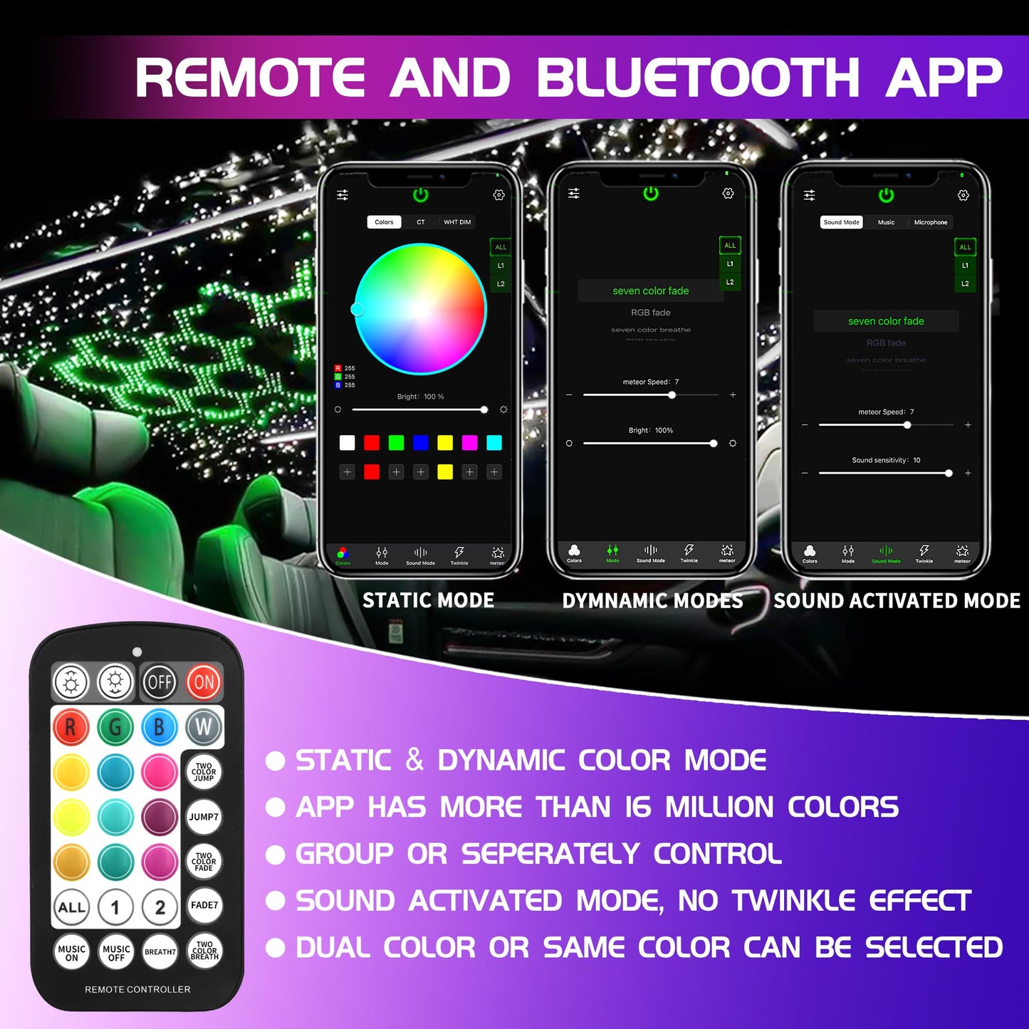 ATOKEE 32W Dual Color Starlight Headliner Kit, Sound Activated Fiber Optic Star Roof Lights with APP/Remote Control, 600pcs 0.03in 9.8ft
