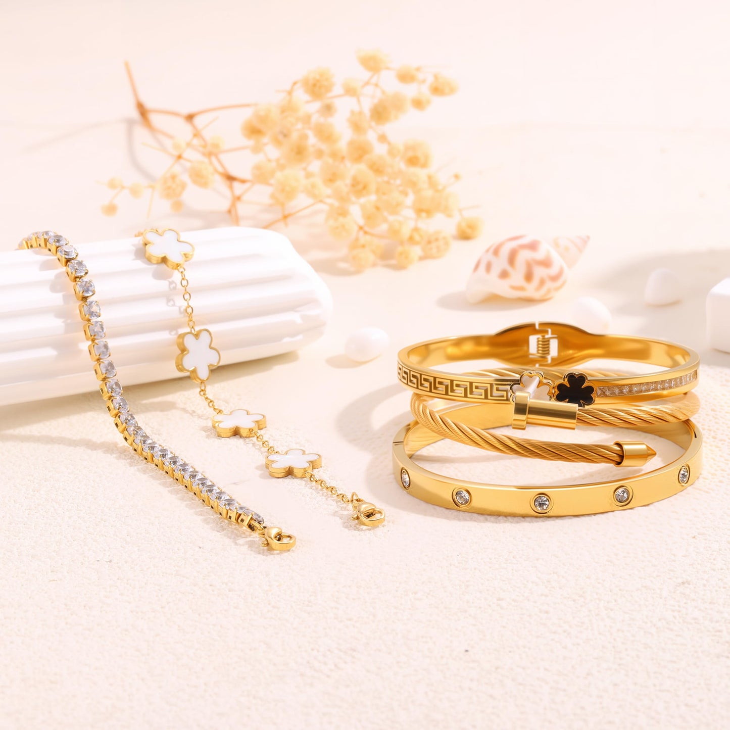 Camhanno 18K Gold Plated Bracelet Set for Women, Stainless Steel Bangle Set with Four Leaf Clover, Crystal Rhinestone Lucky Charm Jewelry, 5-Piece (White Clover Bracelet Collection)