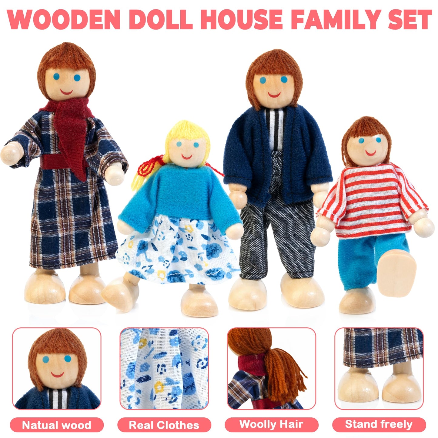 Kizfarm Wooden Dollhouse Furniture Set with 4 Family Dolls, 26 Pcs Pretend Play Dollhouse Accessories for 4 Rooms, Pink Furniture Toys Birthday Gifts for Girls Boys Age 3+