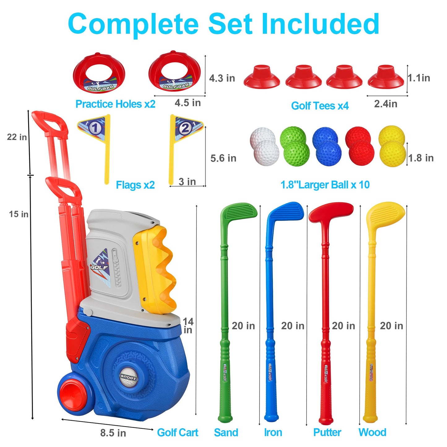 LPFG Toddler Golf Set, Kids Golf Set for Ages 1 2 3 4 5 Years Old Boys Girls with 4 Plastic Golf Clubs 10 Balls, Indoor Outdoor Baby Toddler Golf Clubs Set Toy with Cart Birthday Gifts Blue
