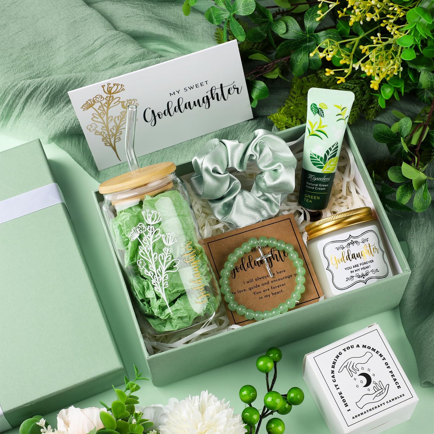 Teenyyou 9 Pcs Goddaughter Gifts from Godmother Glass Cup Bracelet Scented Candle Cream Hair Scrunchies Card Gift Box Set for Goddaughter Baptism(Sage Green)