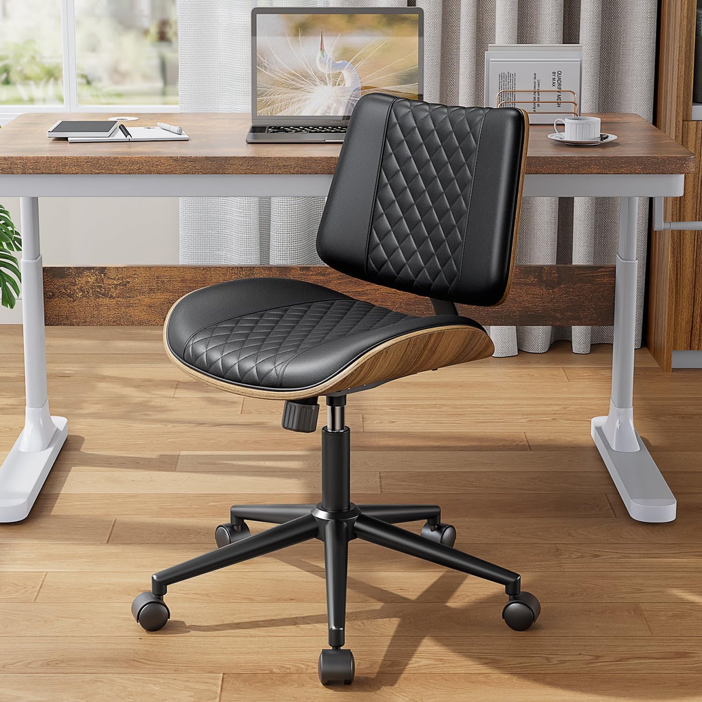 YaFiti Armless Office Chair, Mid Century Modern Desk Chair with Walnut Wood Back & SGS Level 3 Gas Lift, Swivel PU Leather Computer Chair for Small Space, Home Office, Bedroom, 300lbs Cap, Black