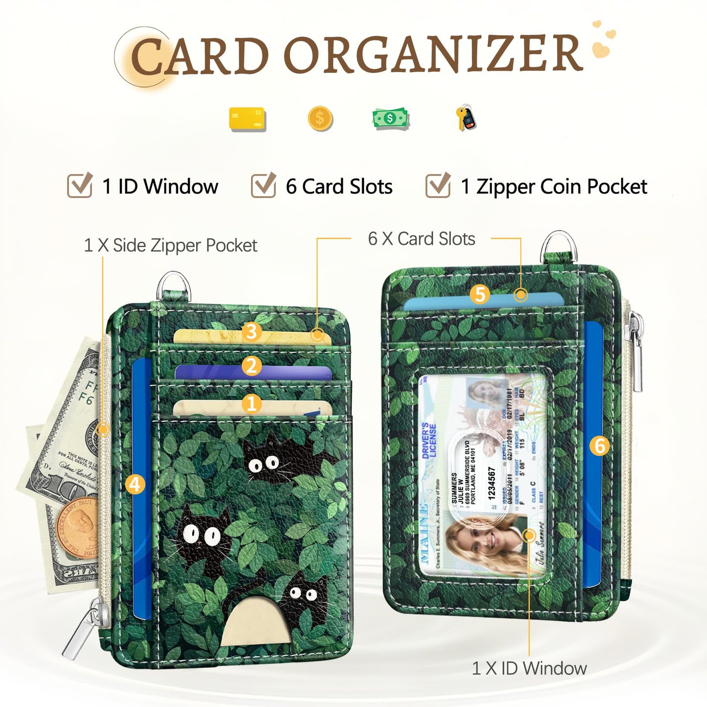 Cute Black Cat Credit Card Holder Small Wallet Women, Green Grass Slim RFID Blocking Wallet Woman Keychain with Zipper Coin Pocket, Front Pocket Thin Travel Card Case with ID Window for Ladies Gifts