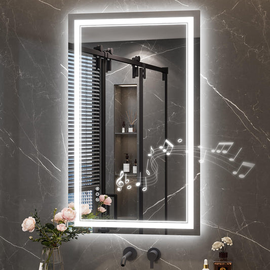 Keonjinn 40 x 24 Inch Lighted Mirrors for Bathroom Wall with Bluetooth Speaker, Frontlit & Backlit LED Bathroom Mirror, Smart Mirror Bathrooms, Tempered Glass, 3 Color Temperature, Dimmable, Anti-Fog