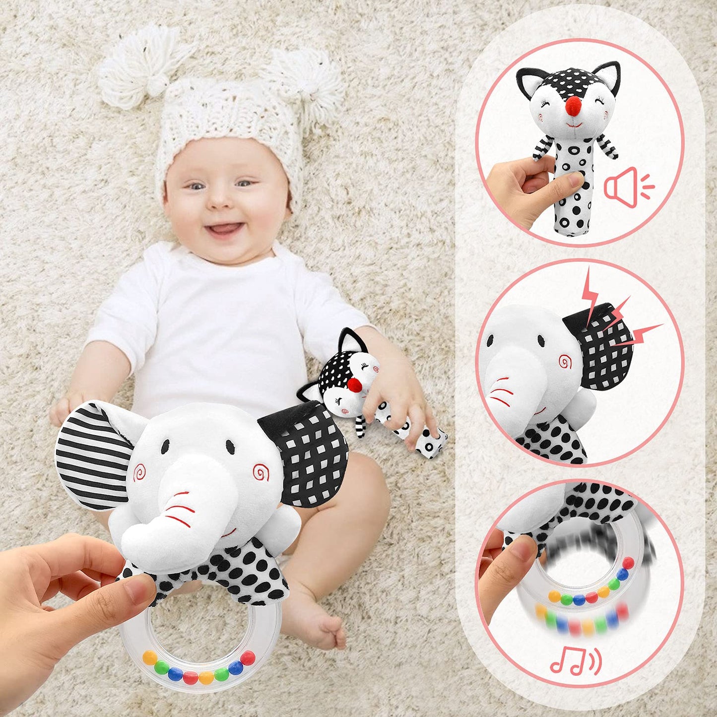 XIXILAND Baby Rattles 0-6 Months Black and White Baby Toys 0-3 Months & Car Seat Toys High Contrast Infant Toys, Newborn Sensory Infant Toys for 0-18 Months