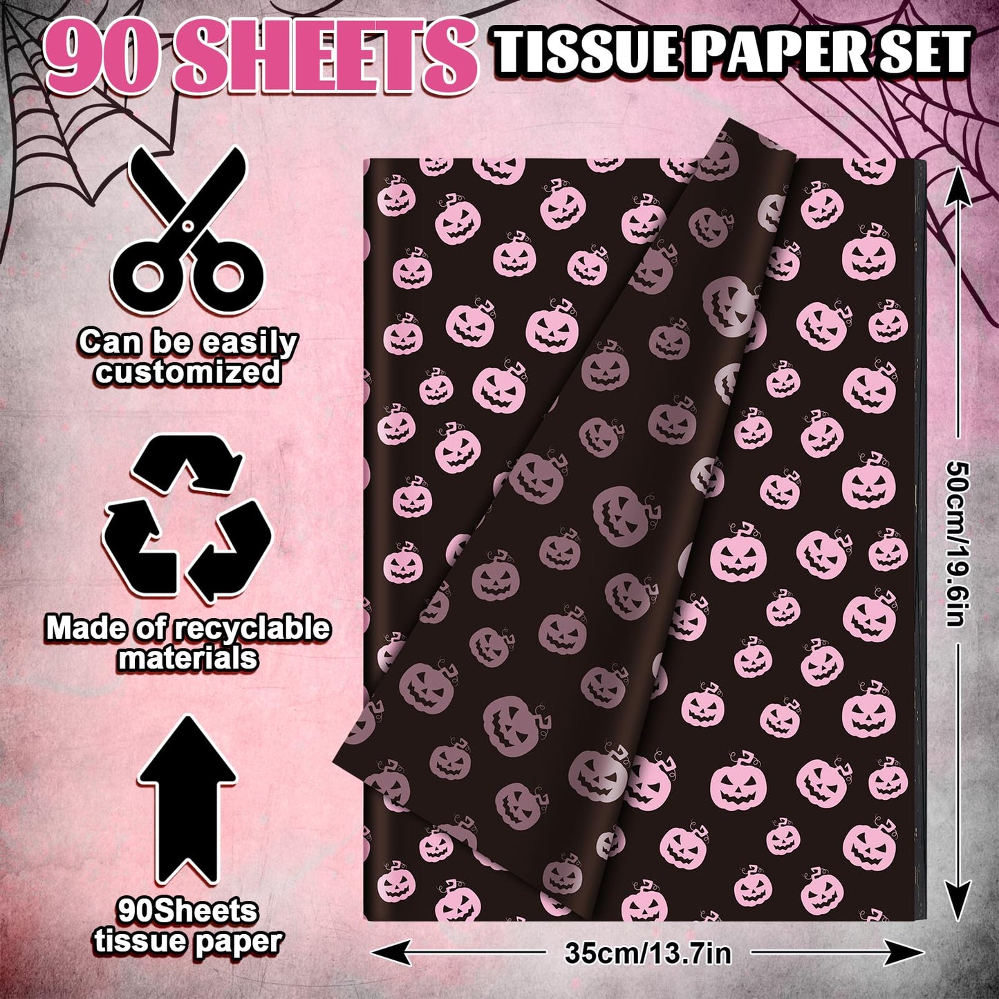 Whaline 90 Sheets Halloween Tissue Paper Pink Black Pumpkin Bat Spiderweb Gift Wrapping Paper for DIY Art Craft Halloween Birthday Baby Shower Party Supplies, 13.7 x 19.6 Inch