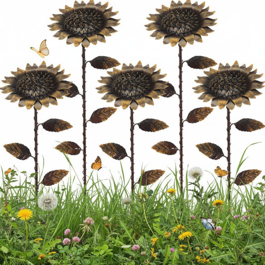 AceOrbit 5 Pcs Rusty Garden Stakes for Outside 11.8" Metal Art Decor Bed Decor Weatherproof 3D Rusty Plant Pick for Farmhouse Outdoor Yard Lawn Patio Walkway Pathway Decoration (Sunflower)