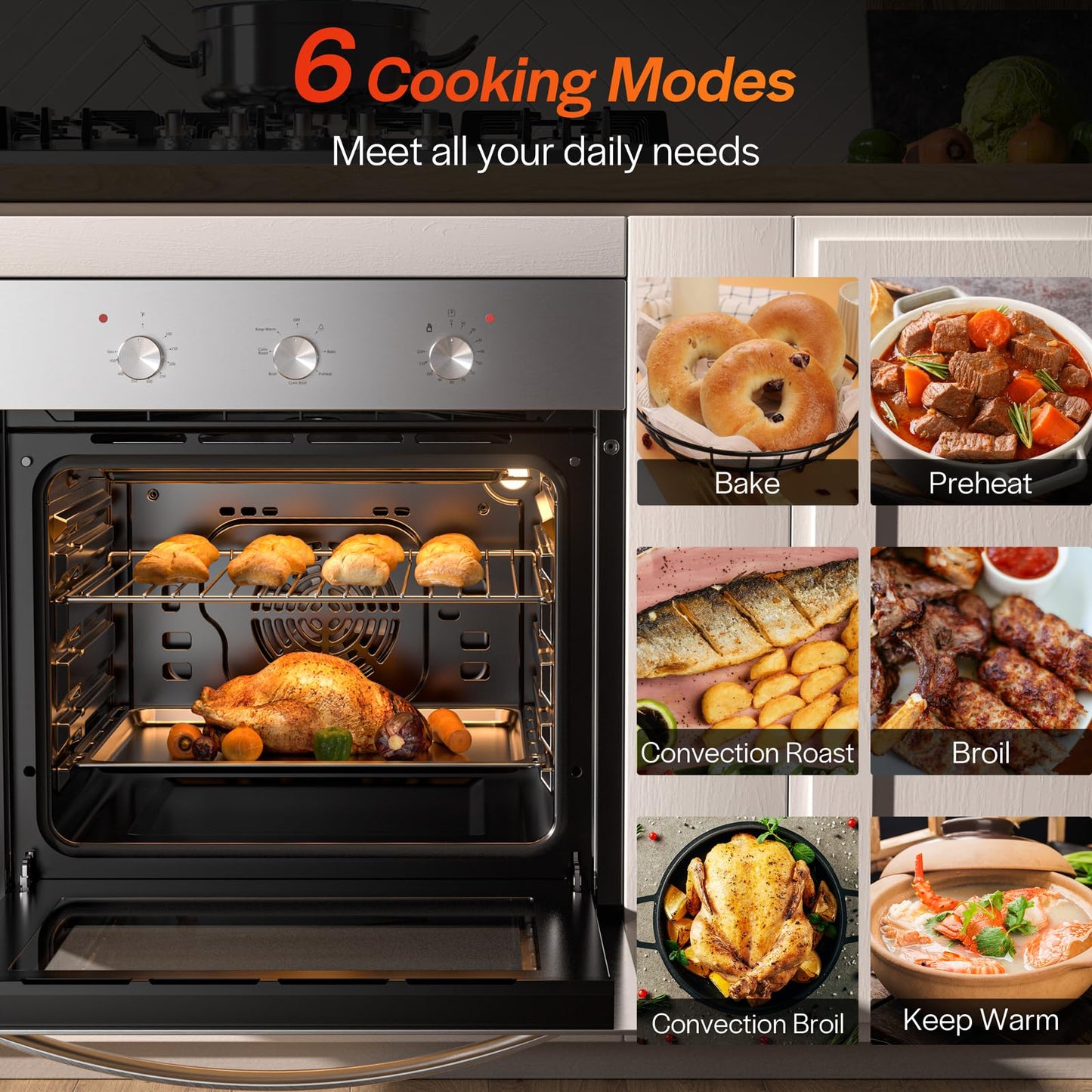 Empava 24 inch Electric Single Wall Oven with 6 Cooking Modes, Convection Fan, Mechanical Knob Control, 2.3 Cu.ft. Capacity, 2800W