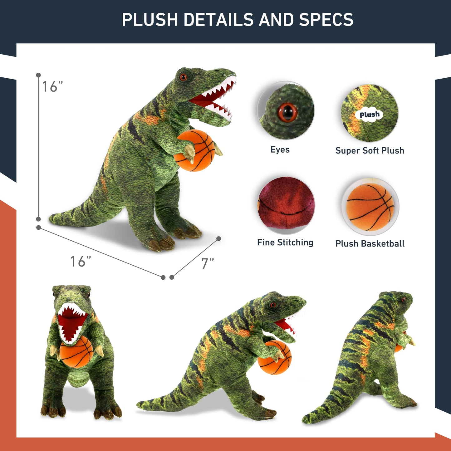 DolliBu Tyrannosaurus Rex Dinosaur Stuffed Animal with Basketball Plush - Soft Huggable T-Rex, Adorable Playtime Plush Toy, Cute Wildlife Gift, Personalized Animal Toy for Kids and Adults - 16 Inches