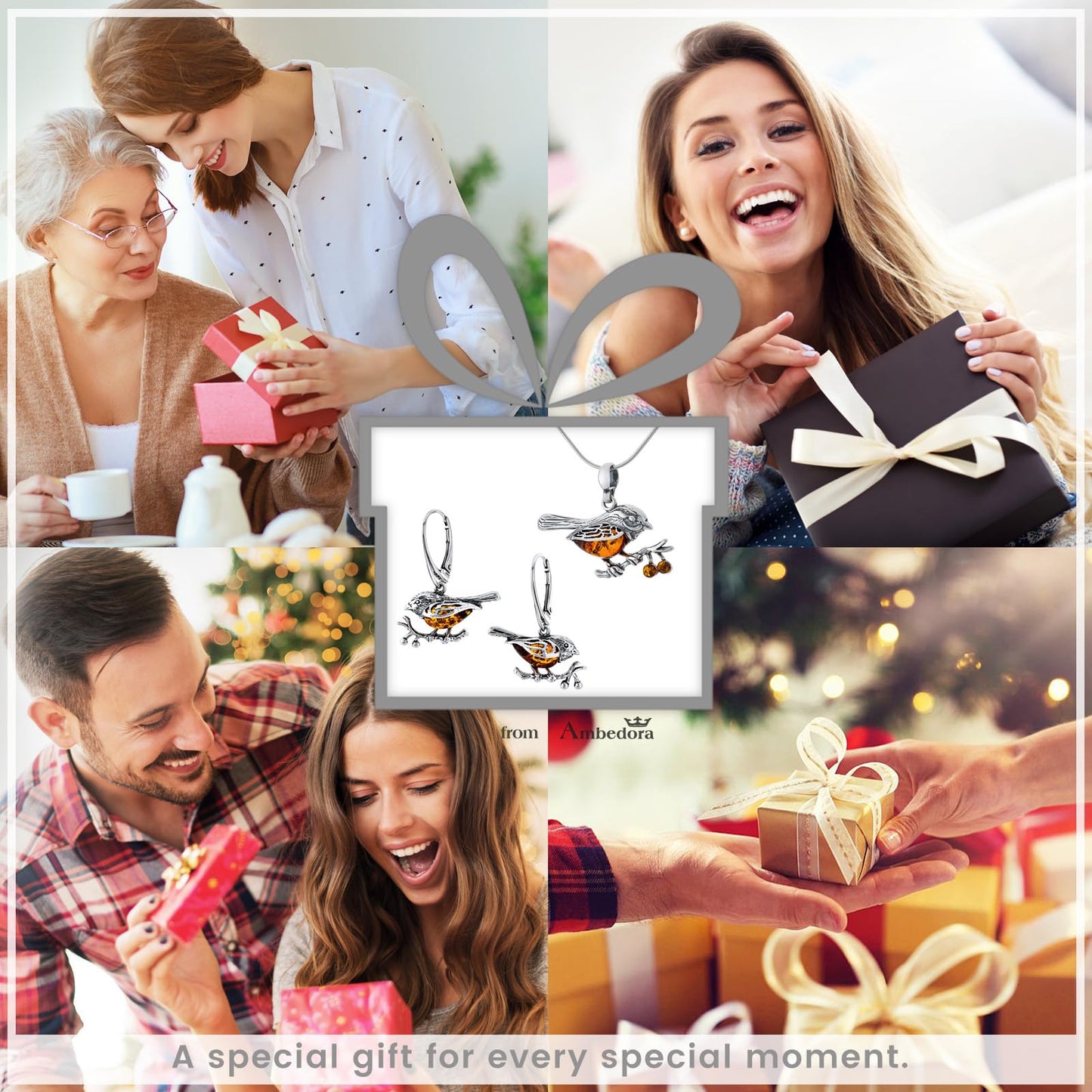 AMBEDORA Women's Jewellery Set Amber Sparrows, Oxidised Sterling Silver, Baltic Amber in Cognac Colour, Silver Pendant on Chain and Earrings