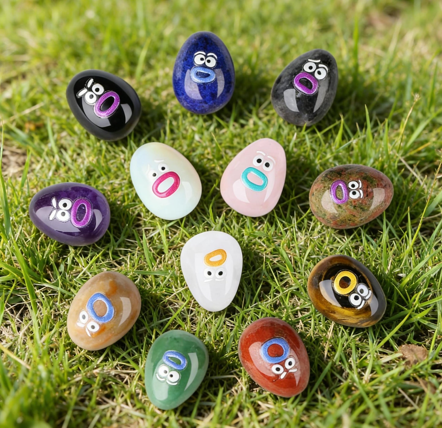 XIANNVXI Funny Emotion Polished Stone Gift 12pcs Cute Emoji Carving Egg Figurine Crystals Present Rock Natural Healing Crystals Stones Novel Mothers Day Graduation Birthday Gifts for Women Men