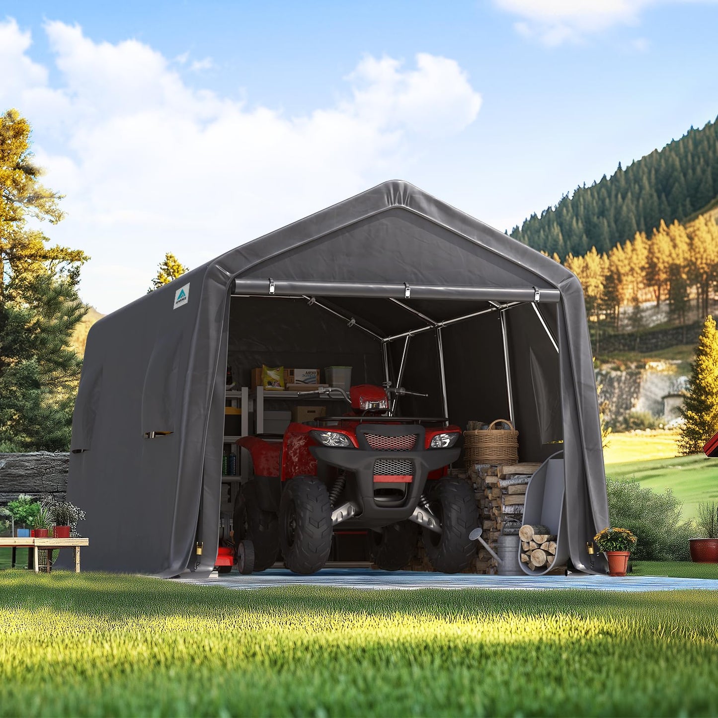 ADVANCE OUTDOOR 10x15 ft Shelter Storage Shed Steel Metal Peak Roof Portable Garage Carport for Motorcycle, Boat or Garden Tools with 2 Roll up Doors & Vents, Gray
