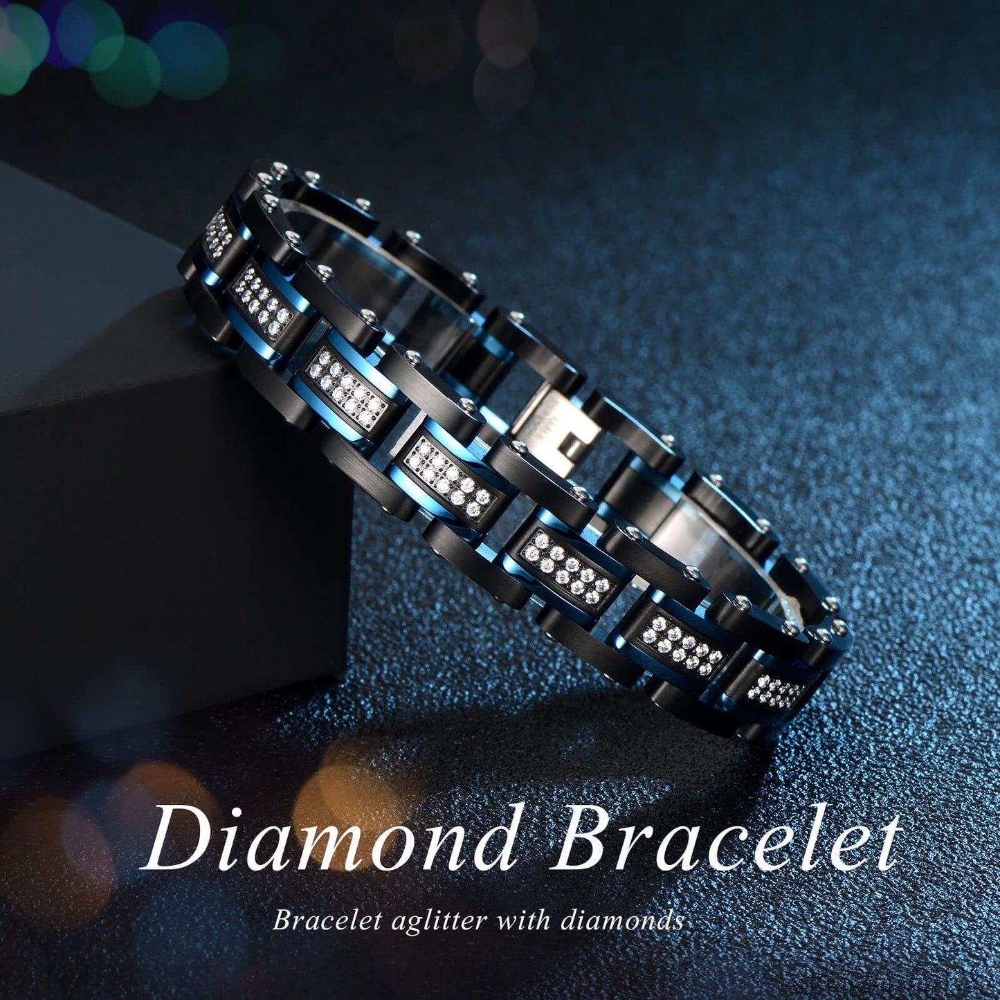 Ziallay Link initial bracelet hip hop jewel gift men Ms. Christmas birthday jewel gift boyfriend son fashion bracelet, diamond, double tone bracelet. (Silver black)