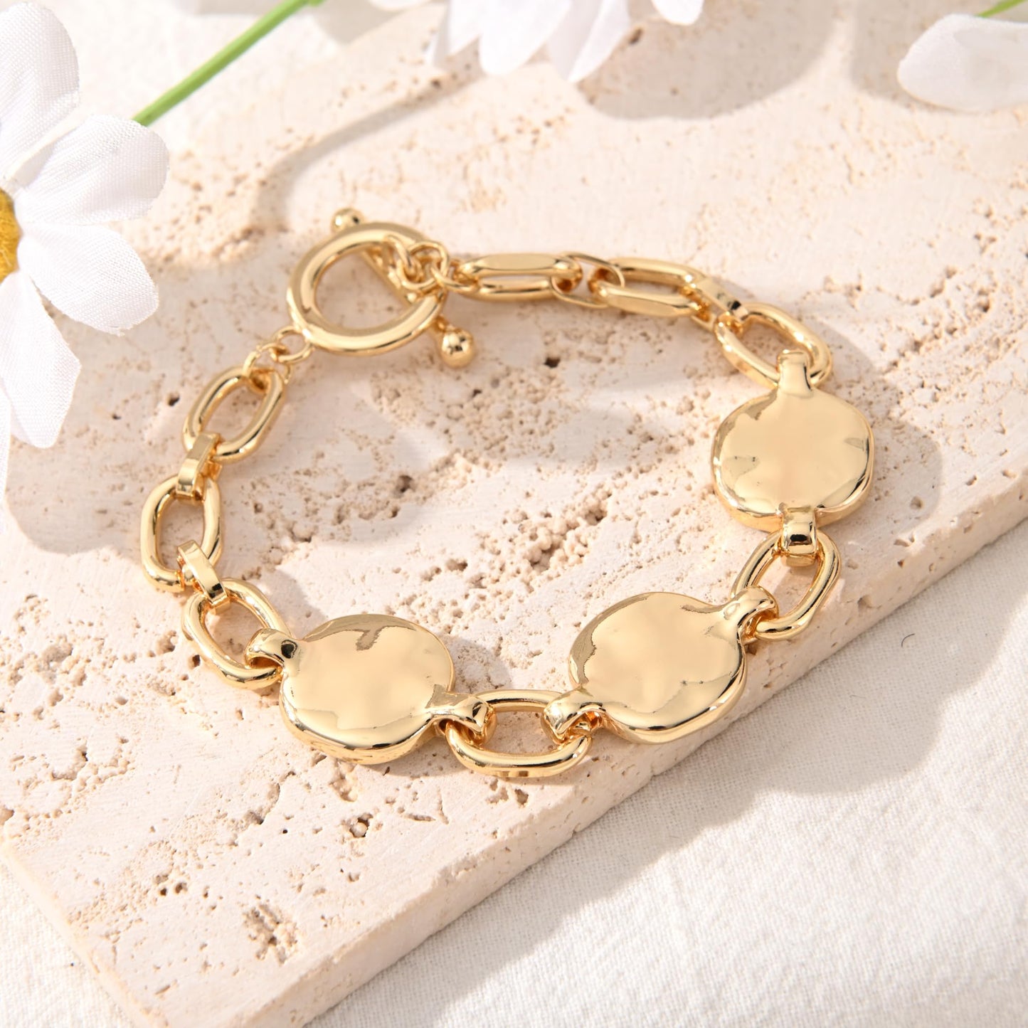 Ginyejly 14K Gold and Silver Plated Special Cain Link with Toggle Clasp Closure in Daily or Party for Women Fashion Jewelry Gifts (round&gold chain)