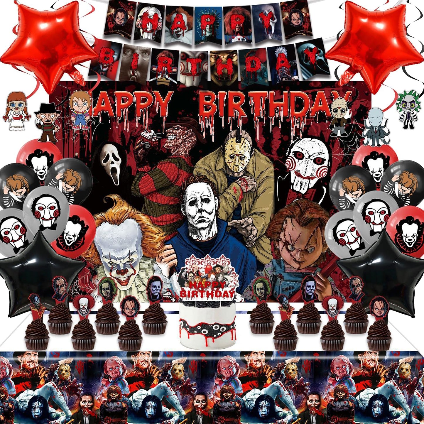 Taeku Horror Birthday Party Decorations – 50 Pcs Halloween Theme Kit with Banner, Balloons, Cake Toppers, Backdrop & Tablecloth – Scary Party Supplies for Kids & Adults