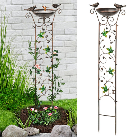 Garden Trellis Bird Bath Outdoor, 43.5 Inch Antique Iron Garden Plant Trellis Decorative with Hummingbirds and Detachable Drinking Basin Bowl, Free Standing BirdBath Birdfeeder Station